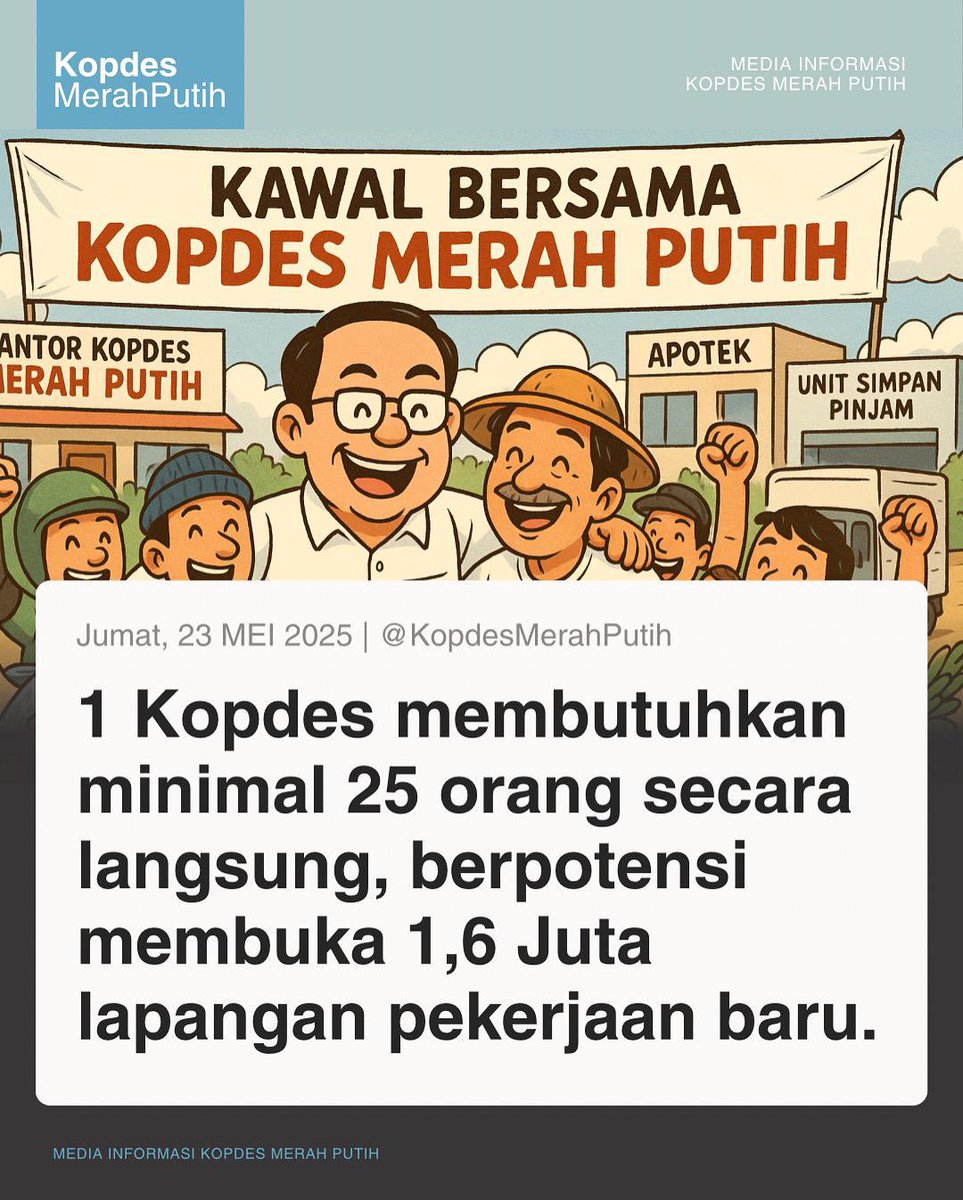KopdesIndonesia's tweet photo. “Akan membutuhkan minimal 25 orang secara langsung,” kata Ferry dalam keterangan tertulis, Selasa, 20 Mei 2025.

Calon pengurus koperasi menurutnya akan mengikuti pelatihan magang dengan komposisi 90 persen praktik dan 10 persen teori.

#KopdesMerahPutih https://t.co/qeGKmmoht7