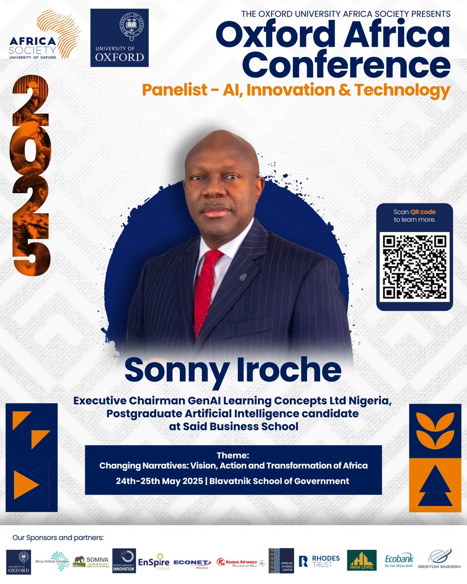 Oxford University Africa Society (@oxfordafrica) on Twitter photo We’re honoured to welcome <a href="/IrocheSonny/">Sonny Iroche</a>, Chair of GenAI Learning & AI candidate at <a href="/OxfordSBS/">Saïd Business School</a>, to #OxfordAfrica2025! A board leader shaping AI strategy, education & governance across Africa.
🔗 oxforduniversityafricasociety.com/panelspeaker25…
🎟 Tickets are sold out. We’re honoured to welcome <a href="/IrocheSonny/">Sonny Iroche</a>, Chair of GenAI Learning & AI candidate at <a href="/OxfordSBS/">Saïd Business School</a>, to #OxfordAfrica2025! A board leader shaping AI strategy, education & governance across Africa.
🔗 oxforduniversityafricasociety.com/panelspeaker25…
🎟 Tickets are sold out.