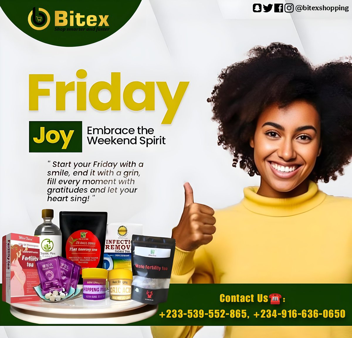 bitexshopping's tweet photo. 🎉 TGIF – Thank God It’s Friday! 🎉

Smile cos it's Another fabulous Friday!!! So hurry up and Shop this weekend with Bitex Shopping 🌟 

💃 Start Your Weekend Right with Bitex Shopping  🛍

🌐 Start Shopping Now!
🛒 Visit: https://t.co/dUxld61R2L

✨ Enjoy Your Weekend! ✨
#TGIF https://t.co/iK383cHawk