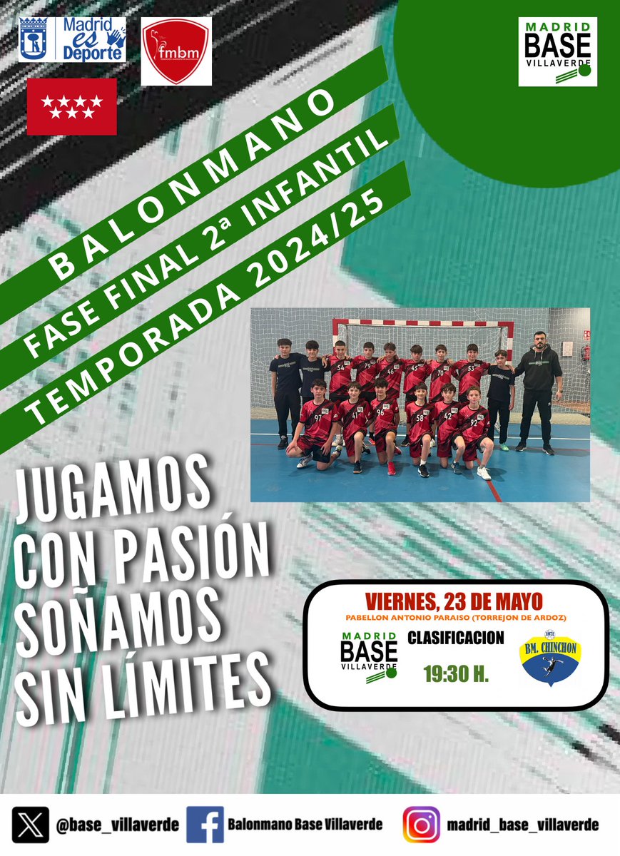 El 2ª Infantil masculina del Madrid <a href="/base_villaverde/">Madrid Base Villaverde</a> comienza hoy su lucha por el Titulo y por una plaza de ascenso a 1ª Infantil. La victoria hoy frente a CB. Chinchon nos clasificaría para las semifinales de mañana. 
⏰19:30
🏠 Pab. Jose Antonio Paraiso, Torrejón de Ardoz. 💪