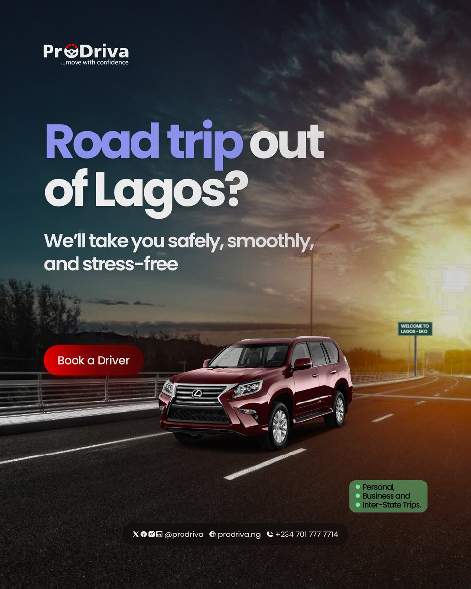 prodriva_ng's tweet photo. Road trip out of Lagos this weekend? 🚗💨
Don’t just go… Go stress-free.

With ProDriva, you get a professional driver for personal, business, or inter-state trips.

📞 +234 701 777 7714 | https://t.co/WzdFMM2lUl

#ProDriva #LagosRoadTrip #WeekendPlans #BookADriver https://t.co/mvnYRgcUSq