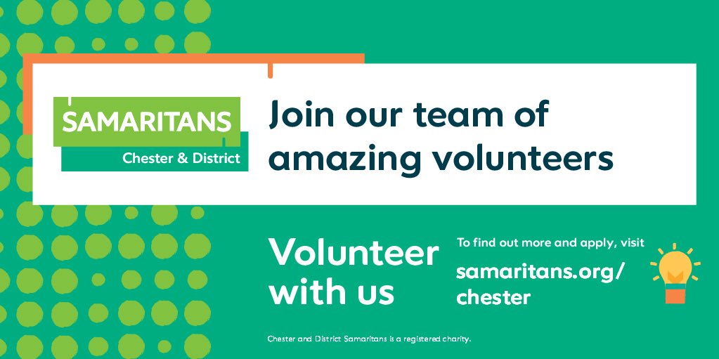 On Sunday 20th July, Chester and District Samaritans will be holding a welcome event for anyone who would like to know more about our service and what it's like to volunteer as a Samaritans Listening volunteer.

samaritans.org/branches/chest…