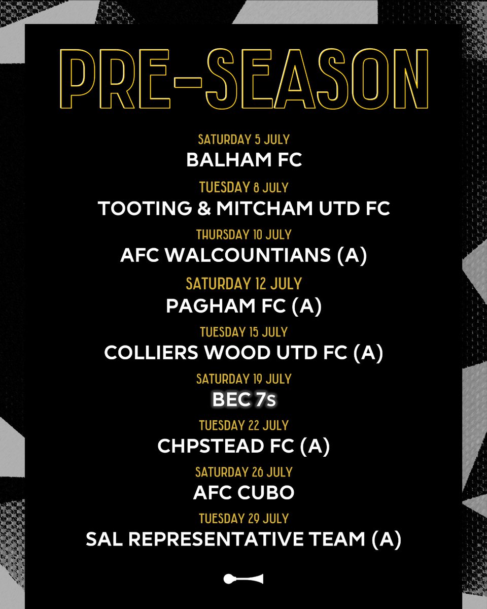 Tooting Bec FC (@tootingbecfc) on Twitter photo ๐บ๏ธ ๐ฝ๐๐ ๐๐ง๐ ๐๐๐๐จ๐ค๐ฃ ๐๐๐๐๐๐ช๐ก๐
๐ค We begin our Pre-Season tour on the 5th July when we host <a href="/BalhamFC/">Balham FC</a>.
โน๏ธ All home games will be played at <a href="/OfficialTmufc/">Tooting & Mitcham United FC</a> (3G) unless stated otherwise.
More details for each game to follow closer to the time.
#UpTheBec #TBFC ๐บ๏ธ ๐ฝ๐๐ ๐๐ง๐ ๐๐๐๐จ๐ค๐ฃ ๐๐๐๐๐๐ช๐ก๐
๐ค We begin our Pre-Season tour on the 5th July when we host <a href="/BalhamFC/">Balham FC</a>.
โน๏ธ All home games will be played at <a href="/OfficialTmufc/">Tooting & Mitcham United FC</a> (3G) unless stated otherwise.
More details for each game to follow closer to the time.
#UpTheBec #TBFC