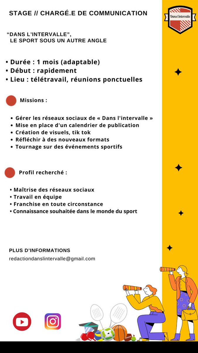 DLintervalle's tweet image. Pour les prochaines semaines, on cherche un ti' coup de main 🙂 la durée est adaptable si besoin 👋
#stage #RTapprecies #sport 
#enrecherche #merci