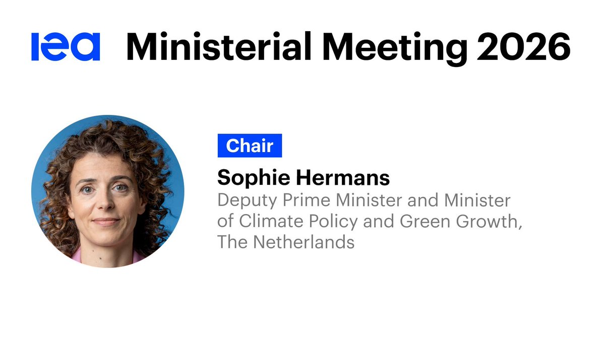 Fatih Birol (@fbirol) on Twitter photo Delighted that Deputy Prime Minister Sophie Hermans of the Netherlands has been elected by the <a href="/IEA/">International Energy Agency</a> Governing Board to chair our 2026 Ministerial Meeting
Looking forward to working with the Deputy Prime Minister to deliver a successful Ministerial in February 2026 Delighted that Deputy Prime Minister Sophie Hermans of the Netherlands has been elected by the <a href="/IEA/">International Energy Agency</a> Governing Board to chair our 2026 Ministerial Meeting
Looking forward to working with the Deputy Prime Minister to deliver a successful Ministerial in February 2026