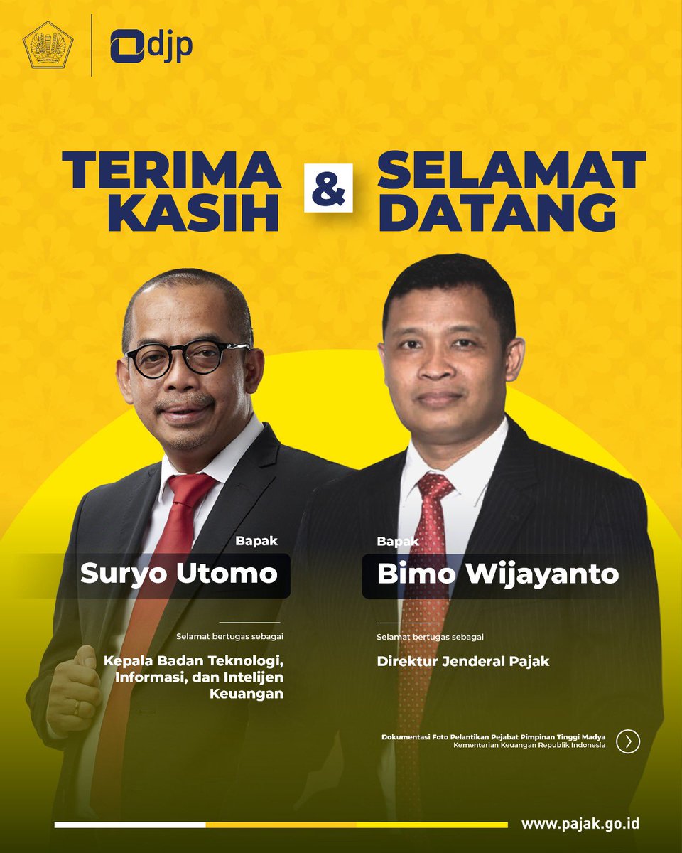 #KawanPajak Terima kasih, Pak Suryo Utomo. Selamat datang, Pak Bimo Wijayanto, bertugas menjadi Direktur Jenderal Pajak.

#PajakKitaUntukKita