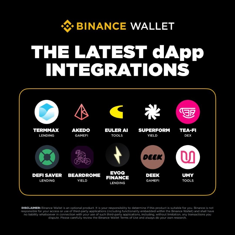 BinanceWallet's tweet photo. New integrations are now live on #Binance Wallet!

Check out the newly added dApps: TermMax, Akedo, Euler AI, Superform, Tea-Fi, DeFi Saver, Beradrome, Evoq Finance, DEEK, Umy. 

Discover them now!  ⤵️