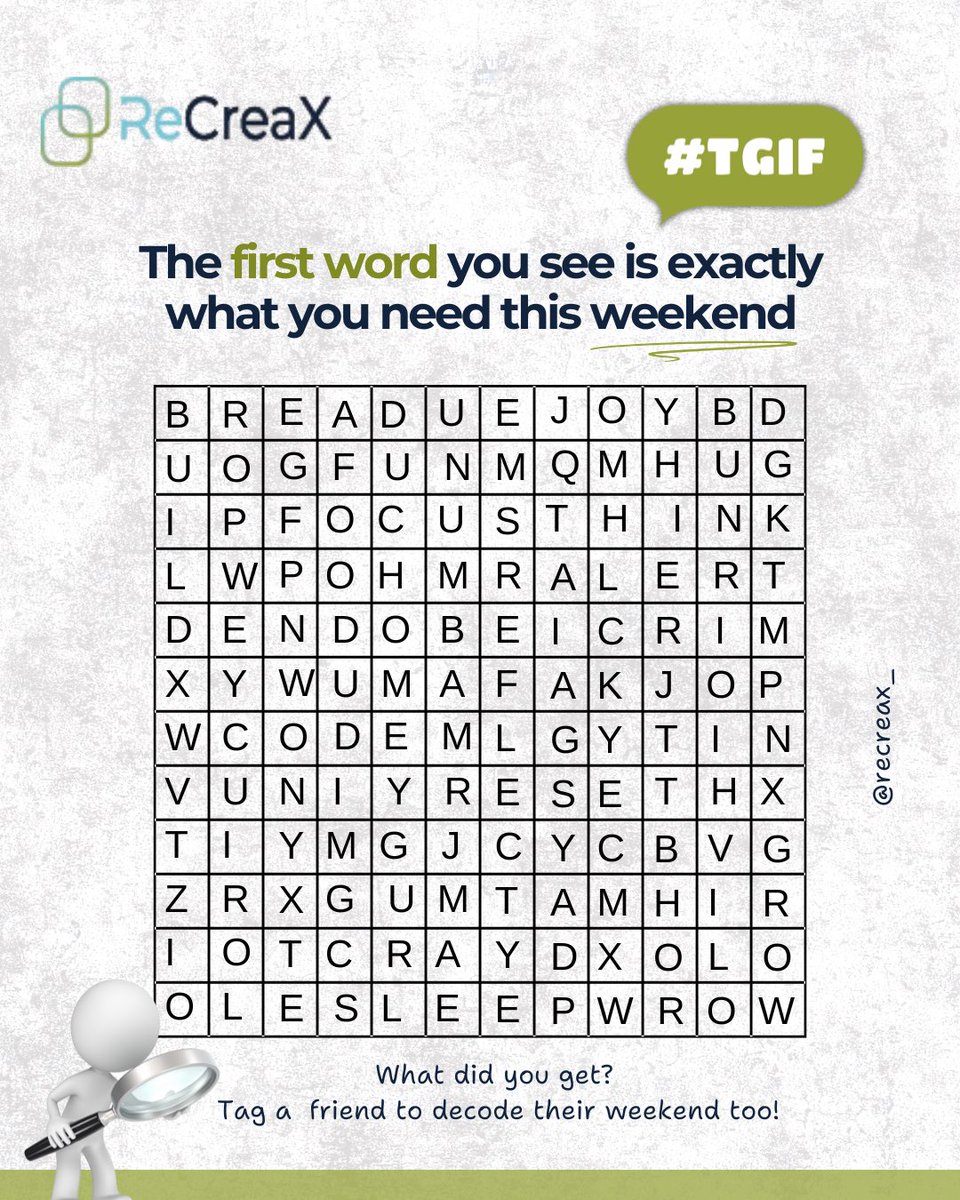 ReCreaX_'s tweet photo. The first word you see is what you need this weekend.
Found REST!
You?
#recreax #weekendvibes #techwordsearch https://t.co/5gzqlcPIUf