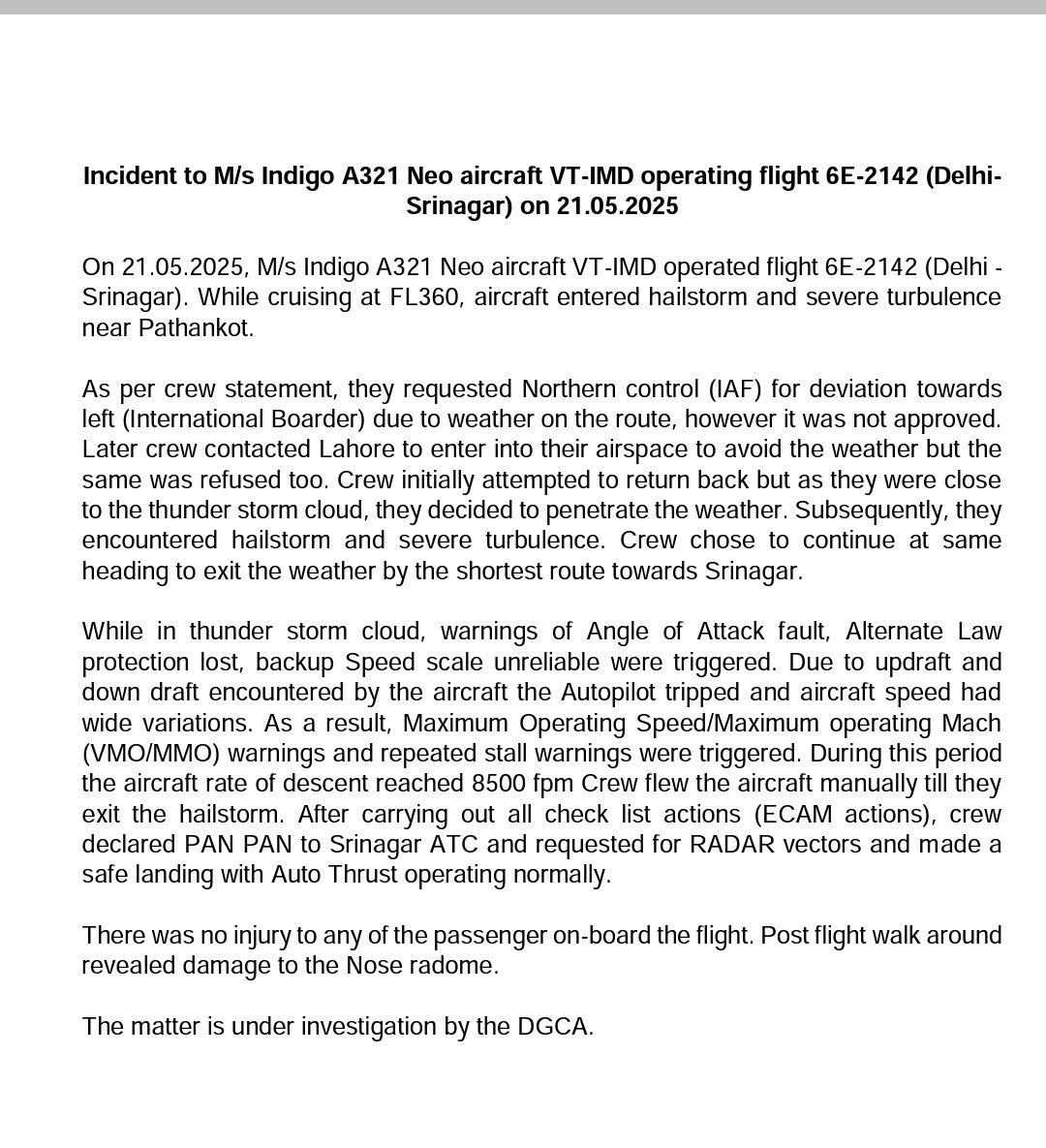 Indigo flight 6E-2142 (Delhi-Srinagar) flew into a thunderstorm after being denied safer airspace. Crew faced severe turbulence, hailstorm, multiple system failures &amp; 8500 fpm descent. All survived-but was passenger safety really prioritized? <a href="/DGCAIndia/">DGCA</a> <a href="/IndiGo6E/">IndiGo</a> #AviationSafety