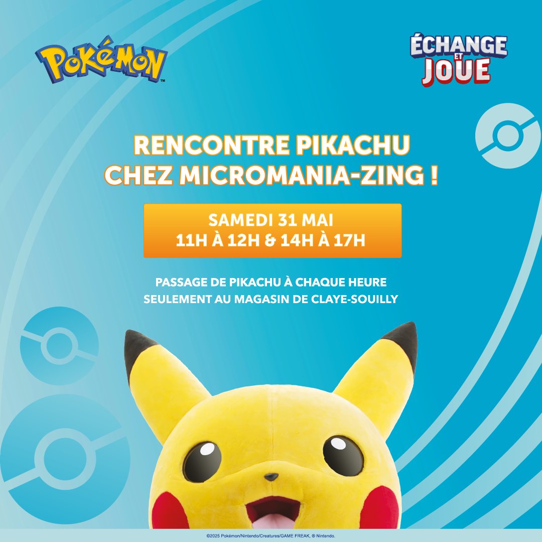 Micromania-Zing (@micromania_fr) on Twitter photo ⚠️ ÉVÉNEMENT ⚠️
Venez à la rencontre de Pikachu dans votre magasin de Claye-Souilly le samedi 31 mai 🔥
Et vous pourrez également vous initier au <a href="/JCCPokemonFR/">JCC Pokémon France</a> et participer à la bourse d'échange l'après-midi !
Nous vous attendons nombreux, d'autres infos arrivent 👀 ⚠️ ÉVÉNEMENT ⚠️
Venez à la rencontre de Pikachu dans votre magasin de Claye-Souilly le samedi 31 mai 🔥
Et vous pourrez également vous initier au <a href="/JCCPokemonFR/">JCC Pokémon France</a> et participer à la bourse d'échange l'après-midi !
Nous vous attendons nombreux, d'autres infos arrivent 👀
