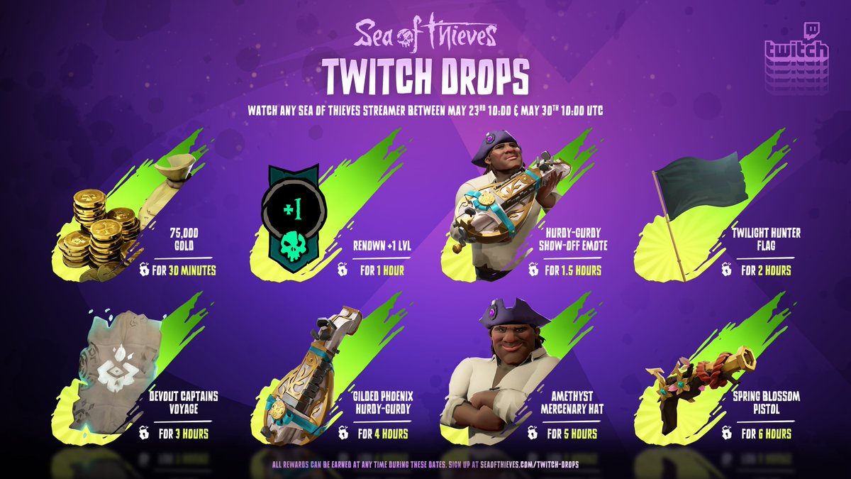 Twitch Drops are here once more, with a new eight-reward offering! Including Renown, gold, a Pirate Emporium cosmetic and more, you have until May 30th (10am UTC) to tune in to any Sea of Thieves stream and earn everything on the visual below over the course of six hours.