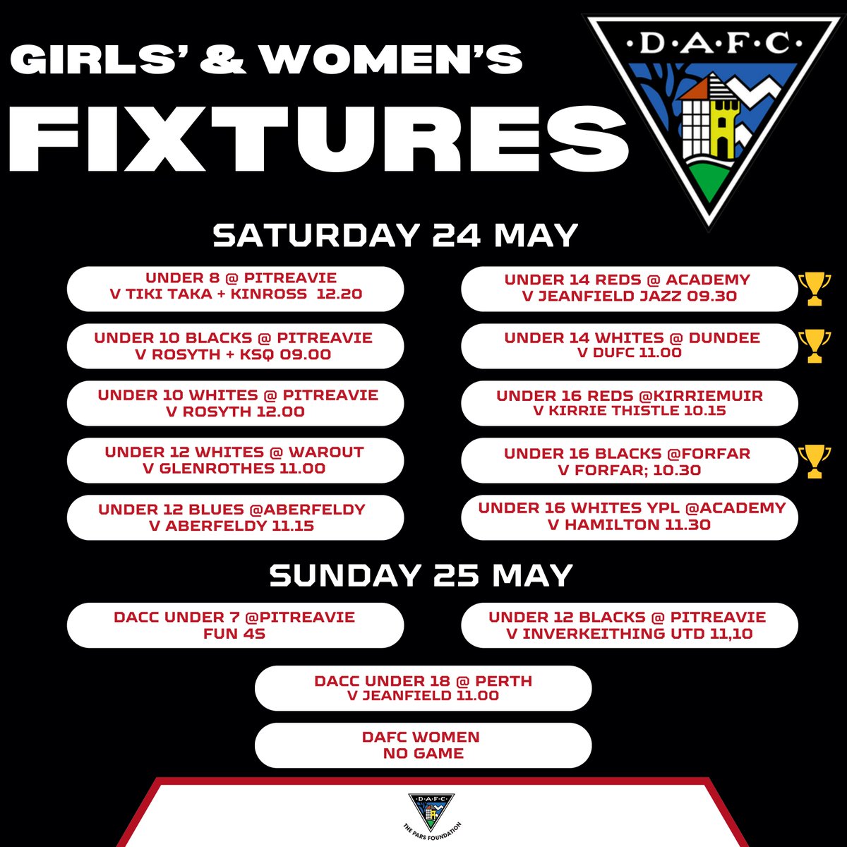 GIRLS' &amp; WOMEN'S SECTION ⚽️🏁
Good Luck to all our teams in our G&amp;Ws section taking part in games across the country and representing the Dunfermline Athletic brand 🖤🤍