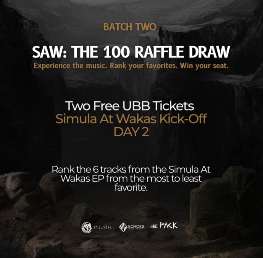 ThePackMods's tweet photo. 🍎BATCH 2 | SAW: THE 100 RAFFLE DRAW

Experience the music. Rank your favorites. Win your seat.

Join now for a chance to win a pair of tickets to SB19’s SaW Kickoff Day 2 concert at the Philippine Arena!

Rank the 6 tracks from the Simula At Wakas EP from the most to least favorite by replying with your answer to this post.

Please read the mechanics and fill out the form to validate your entry. Good luck!

🔗 https://t.co/n6yWp1TL6o

#300forSaW #SaW100RaffleDraws #SaWEP #SB19_SimulaAtWakas #SB19SaW #SB19 #SimulaAtWakas #SimulaAtWakas_WorldTourKickOff