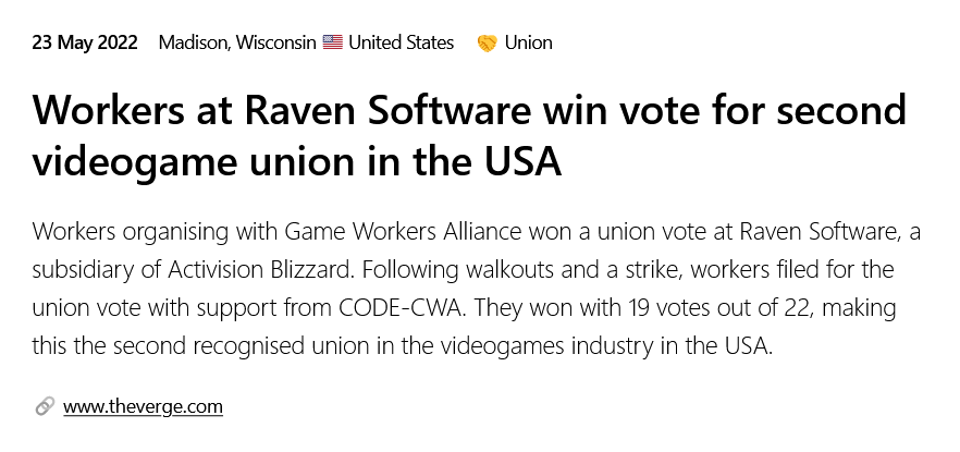 #OtD 23 May 2022 Workers at Raven Software win vote for second videogame union in the USA with CODE-CWA gameworkersolidarity.com/action/2022-05…