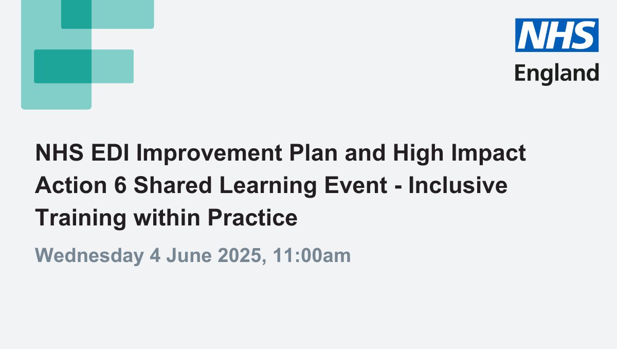 NHS England Workforce, Training and Education (@nhse_wte) on Twitter photo Join us on 4 June for an EDI Improvement Plan Shared Learning event that is aimed at all HR, OD and EDI colleagues. <a href="/UWEBristol/">UWE Bristol</a> have been invited to share the work they have done on introducing Inclusive Training within Practice.
Find out more events.england.nhs.uk/events/nhs-edi…
#EQW2025 Join us on 4 June for an EDI Improvement Plan Shared Learning event that is aimed at all HR, OD and EDI colleagues. <a href="/UWEBristol/">UWE Bristol</a> have been invited to share the work they have done on introducing Inclusive Training within Practice.
Find out more events.england.nhs.uk/events/nhs-edi…
#EQW2025