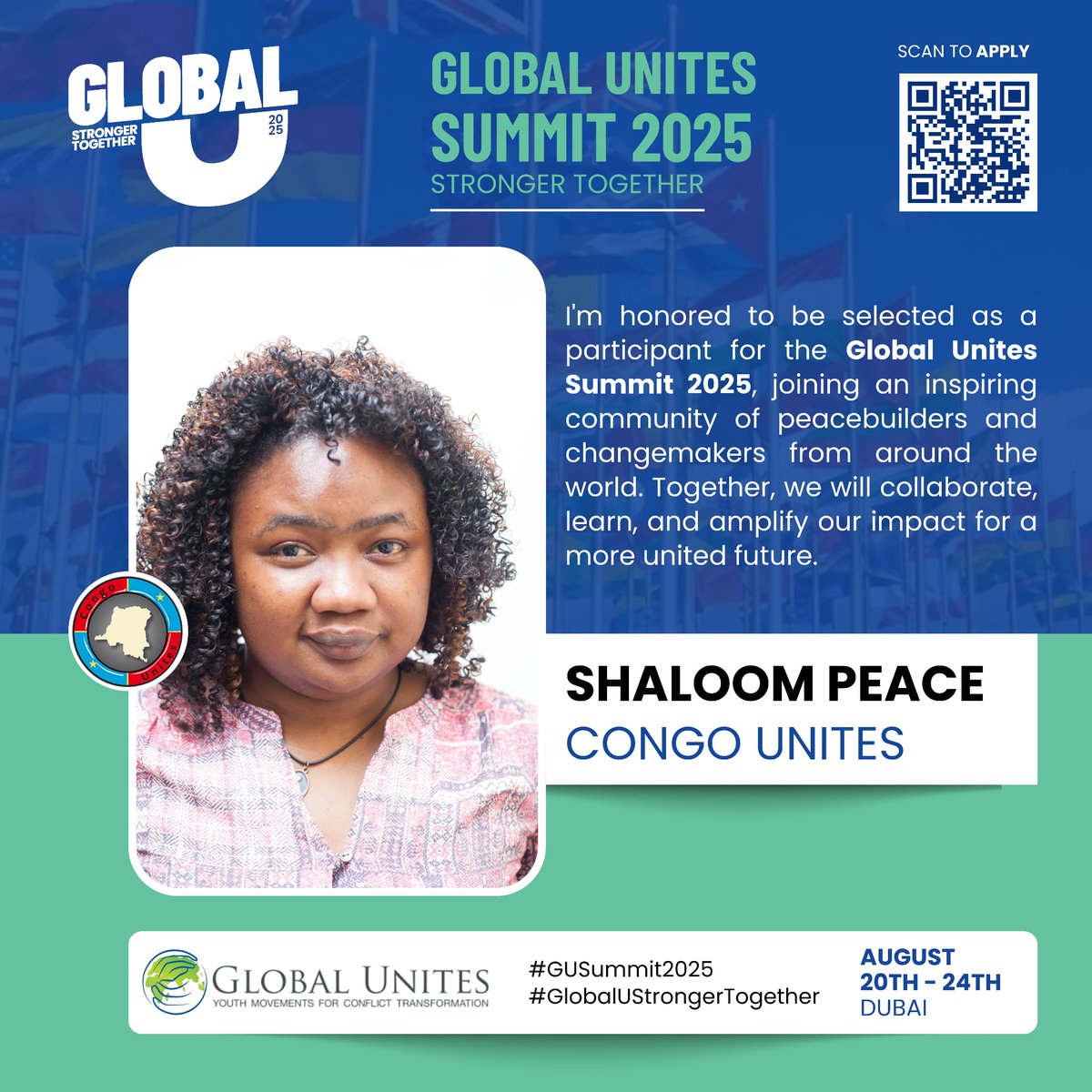congounites2014's tweet photo. @GlobalUnites
I'm honored to be selected as a participant for the #GUsummit2025, representing my country &amp; joining an inspiring community of peacebuilders and changemakers from around the world.
#GUsummit2025
#GlobalUStrongerTogether https://t.co/eh3x8cU8fD
