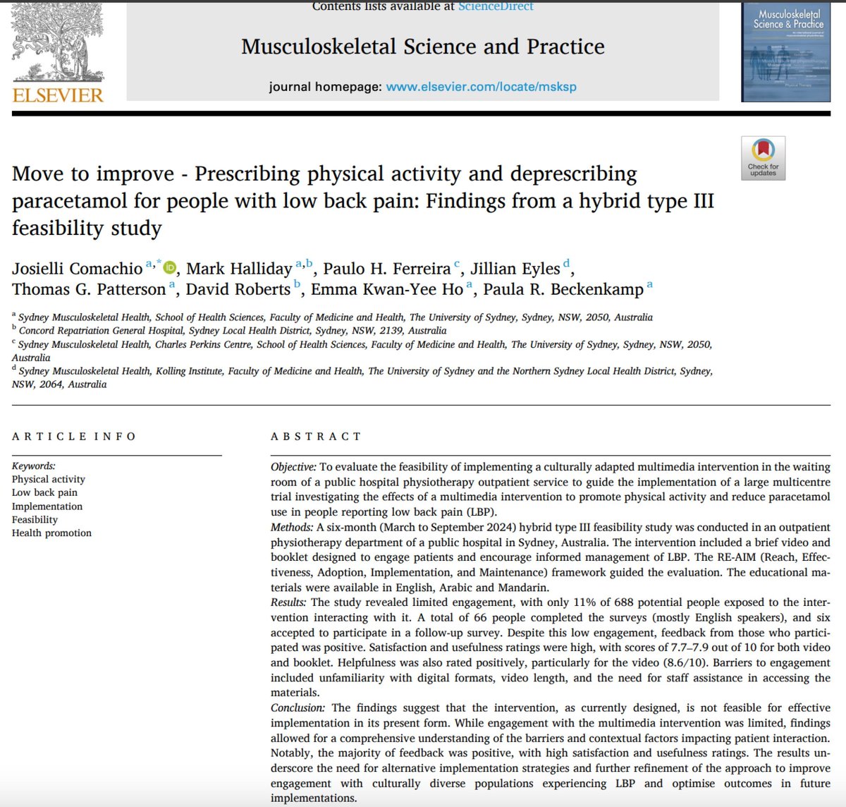 MSKPhysioJnl's tweet image. 🎥 A new study buff.ly/xVGdZLp explores the feasibility of a multimedia intervention to encourage physical activity and reduce paracetamol use in #LowBackPain patients. The findings underscore the importance of understanding barriers and contextual factors.