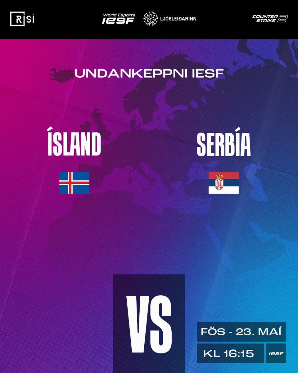 Ekki missa af karlalandsliðinu keppa í undankeppni IESF í Counter-Strike

Ísland vs Serbía kl 16:15

Leikur verður sýndur á rafithrottir.is/risi-tv

Áfram Ísland! 💪🎮🇮🇸

#Rafíþróttir #WorldEsports #IESF #Ljósleiðarinn 
<a href="/iesf_official/">IESF</a>