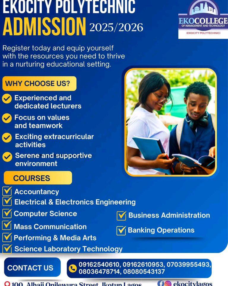 edutalk_hub's tweet image. 📍EKOCITY POLYTECHNIC, LAGOS RELEASES ADMISSION FORM FOR 2025/2026 ACADEMIC SESSION.
#EkocityPoly #LagosAdmissions2025
#PolytechnicEducation #EduTalkUpdates