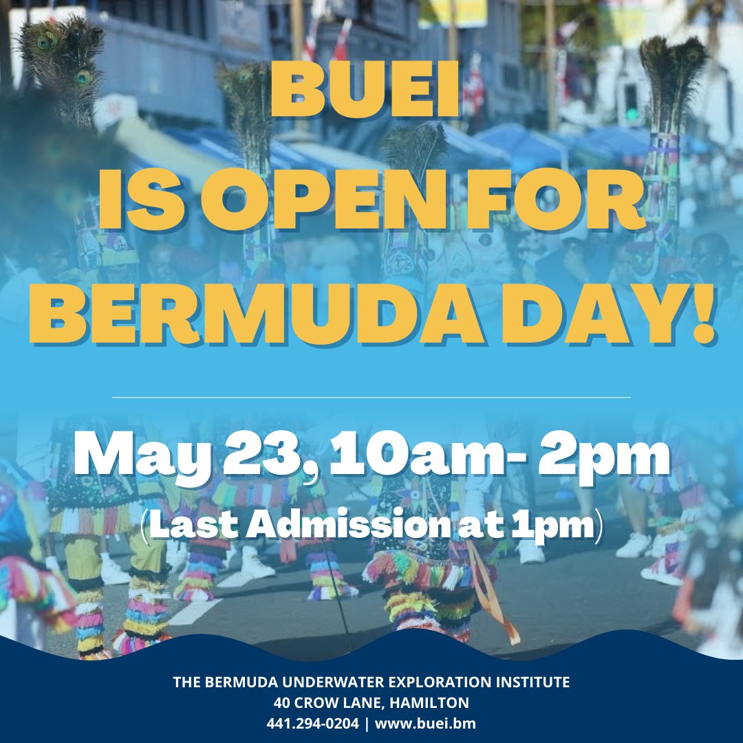🌟 Celebrate Bermuda Day with us! 🌟

Join us at BUEI on Friday, May 23, from 10am to 2pm. Explore our exhibits and enjoy a fun-filled day with family and friends. See you there! 🎉🇧🇲

#BermudaDay #BUEI #FamilyFun #ExploreBermuda #Bermuda