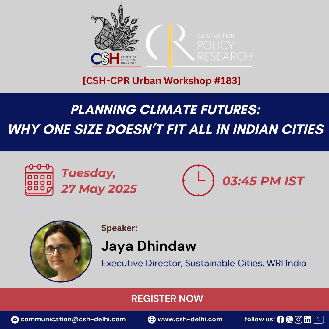 CSH (@cshdelhi) on Twitter photo ๐ข <a href="/CSHDelhi/">CSH</a> & <a href="/CPR_India/">Centre for Policy Research</a> workshop-183
๐ Topic: Planning Climate Futures: Why One Size Doesnโt Fit All in Indian Cities by Jaya Dhindaw, Executive Director of Sustainable Cities at <a href="/WRIIndia/">WRI India</a>
๐๏ธ 27 May 2025
๐ ๐:๐๐ ๐ฉ๐ฆ
๐Online
๐ Register: csh-delhi.com/?p=15034 ๐ข <a href="/CSHDelhi/">CSH</a> & <a href="/CPR_India/">Centre for Policy Research</a> workshop-183
๐ Topic: Planning Climate Futures: Why One Size Doesnโt Fit All in Indian Cities by Jaya Dhindaw, Executive Director of Sustainable Cities at <a href="/WRIIndia/">WRI India</a>
๐๏ธ 27 May 2025
๐ ๐:๐๐ ๐ฉ๐ฆ
๐Online
๐ Register: csh-delhi.com/?p=15034