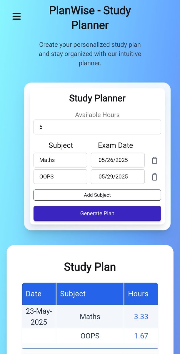 ShailavMalik's tweet photo. Built PlanWise – a smart study planner at my first 48hr hackathon!
Personalized schedules + AI Integration.
🎥https://t.co/9yeuRw4HLW
🌐 https://t.co/E1XXVop3s6
Thanks @guviofficial @HCLTech @AKTU_Lucknow
#Hackathon #SoloDev #ReactJS #OpenAI #PlanWise https://t.co/fF5JkqfMR8