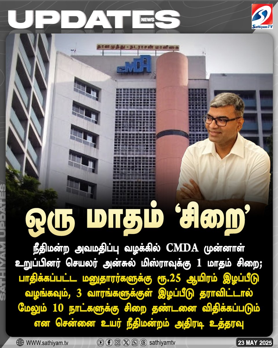 sathiyamnews's tweet photo. நீதிமன்ற அவமதிப்பு வழக்கில் CMDA முன்னாள் உறுப்பினர் செயலர் அன்சுல் மிஸ்ராவுக்கு 1 மாதம் சிறை
#sathiyamtv #sathiyamnews #CMDA #AnsulMishra #Jail #contemptofcourtcase https://t.co/sPG7u0s9AX