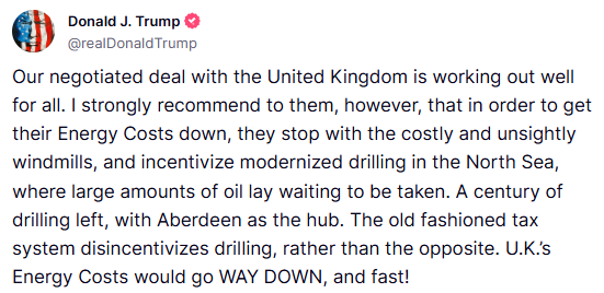 US Pres Trump: Our Negotiated Deal With The United Kingdom Is Working Out Well For All - TSL
truthsocial.com/@realDonaldTru…