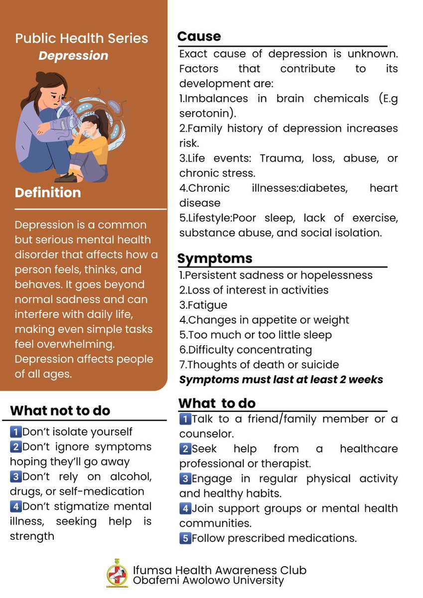 IHAC_OAU's tweet photo. “Depression isn’t a mood. It’s a medical condition.”
You can't "snap out of it"—but you can get help💊🗣️❤️‍🩹✨

#Youmatter🫶🏾
#DepressionAwareness📣#MentalHealthMatters🫂
#IHAC✨
#Wholesomehealthforall https://t.co/89mH0w3JsY