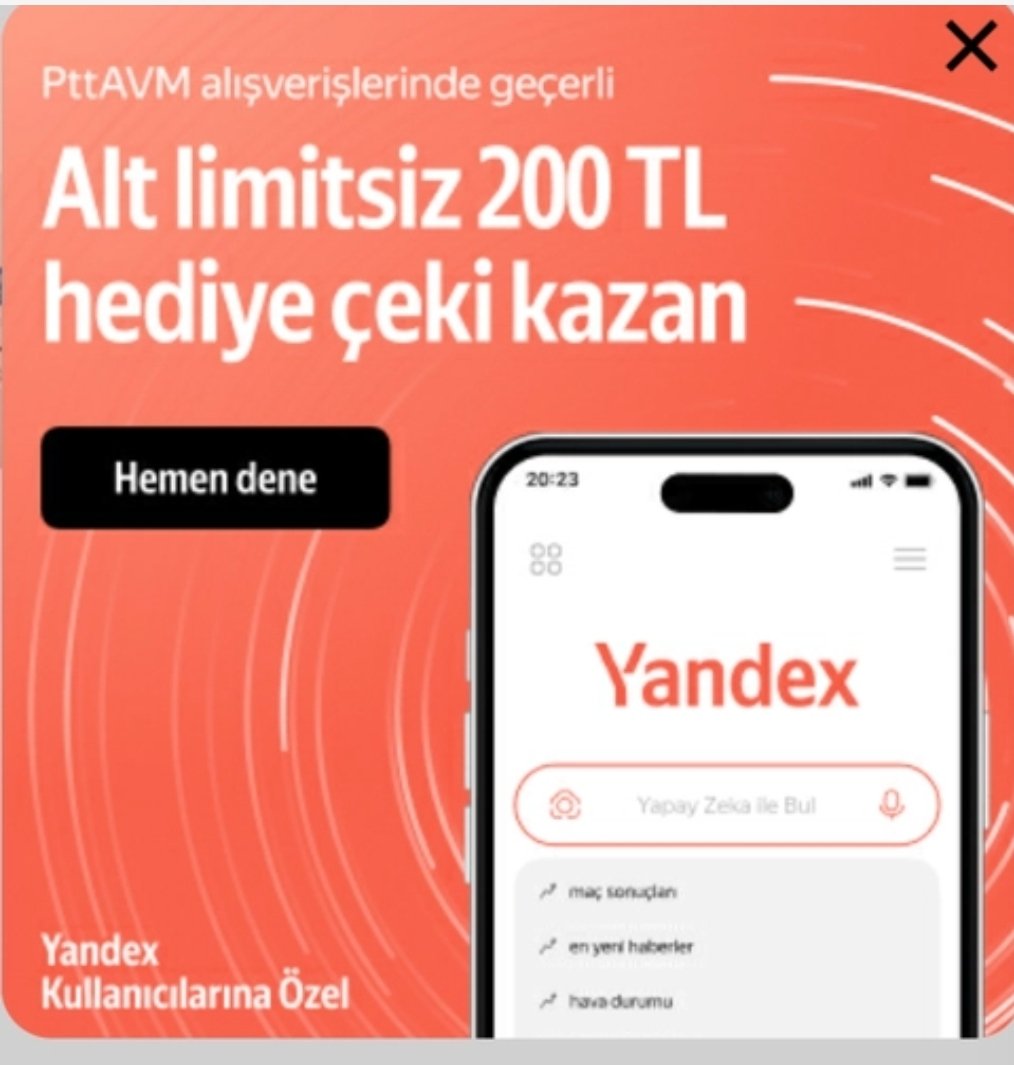 Faydaniza's tweet photo. #Yandex’i mobil tarayıcında varsayılan arama motoru yap,
#PTTAvm’de geçerli alt limitsiz 200 TL kuponu kap!

https://t.co/I6OvBsfrwX

ℹ️ Daha önce katıldıysanız tarayıcı verileri silin ve farklı bir numara ile doğrulama yapın. https://t.co/u1PyQwV2Bw