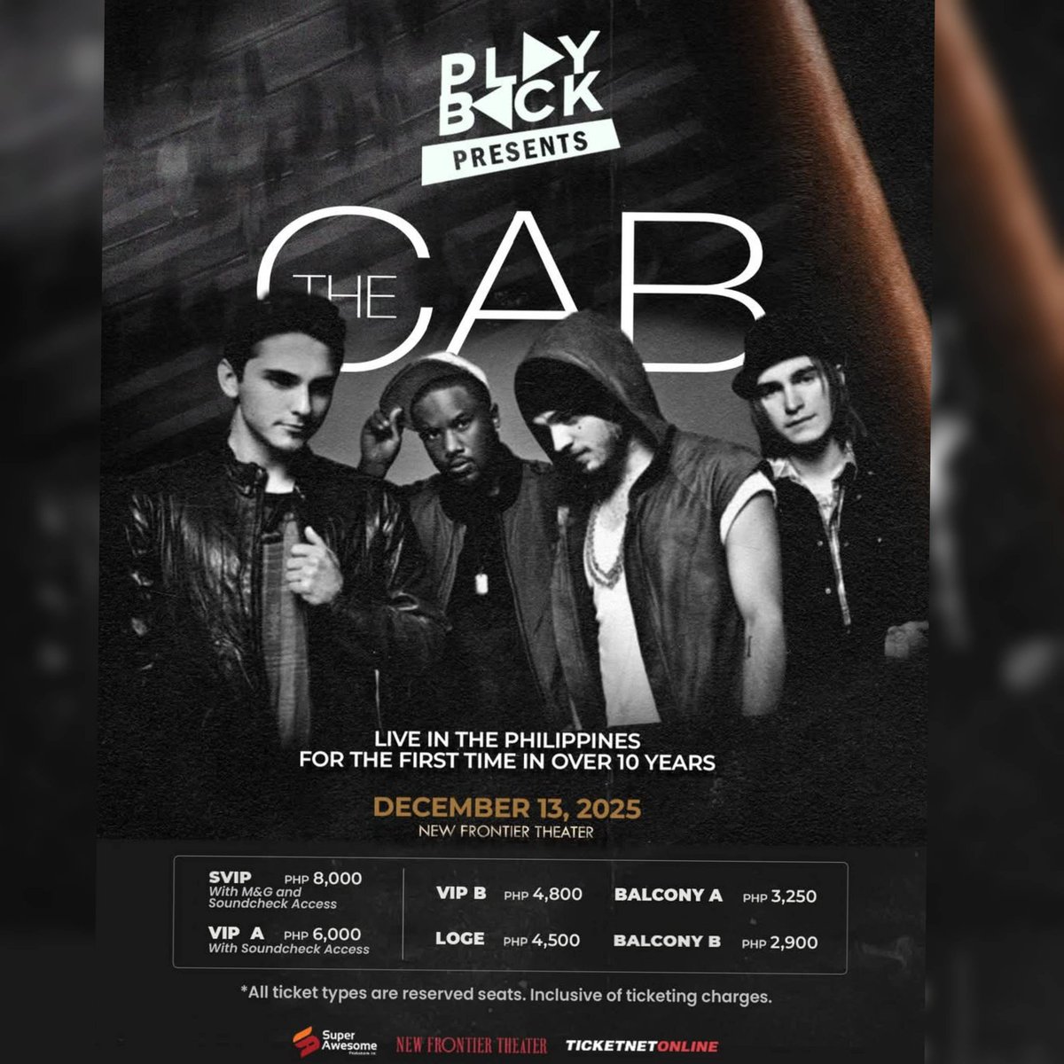 philconcerts's tweet photo. THE CAB will return to the Philippine concert stage on Dec. 13, 2025 at the New Frontier Theater. Ticketing starts June 7, 11 a.m. via TicketNet.

Presented by @playback_fest https://t.co/rXQovW9PvI