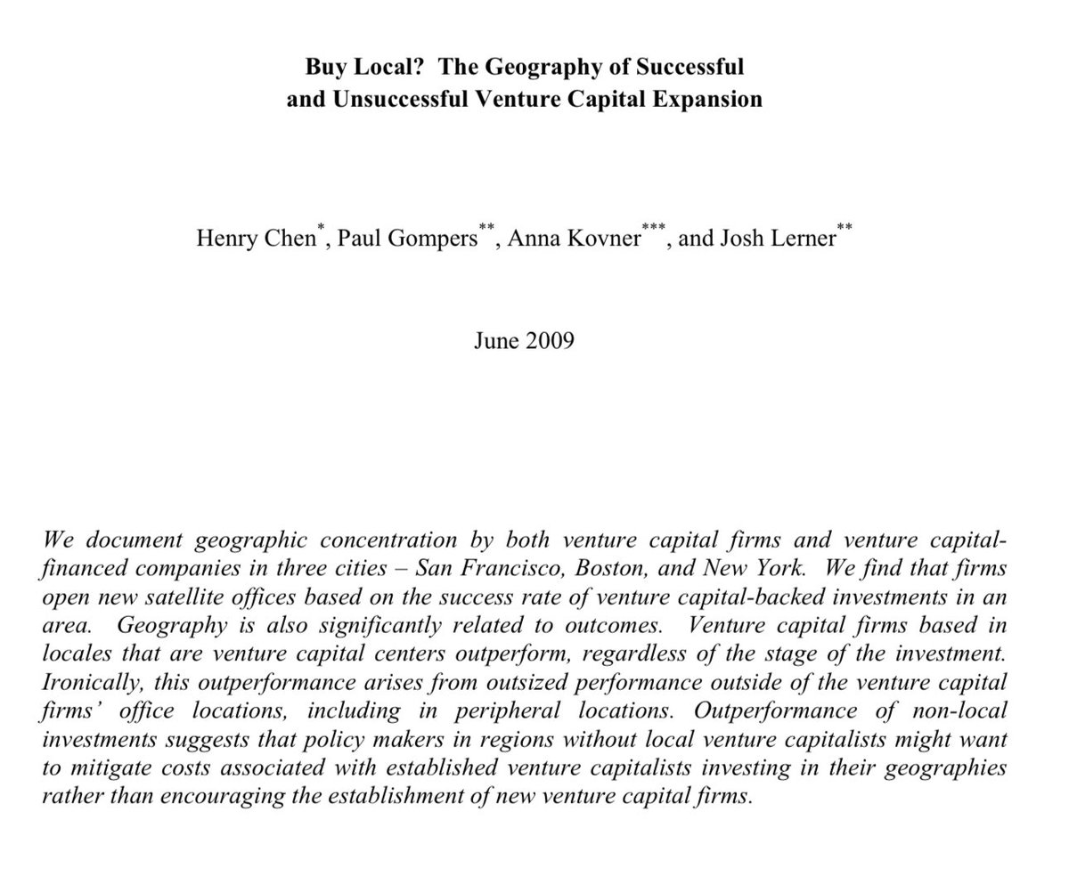 credistick's tweet photo. “Venture capital firms based in locales that are venture capital centers outperform, regardless of the stage of the investment. Ironically, this outperformance arises from outsized performance outside of the venture capital office locations, including in peripheral locations.”

(source: “Buy Local? The Geography of
Successful and Unsuccessful
Venture Capital Expansion”)

There appears to be some connection between VC firm location and success*, but not between investment location and success. Indeed, outperformance appears to be related to finding opportunities outside of the traditional tech hubs. 

Further research demonstrates that proximity between investor and startup is overestimated in importance:

“The analyses clearly showed that the importance of regional proximity between the VC firm and its portfolio companies is widely overestimated in the literature.” 

(source: “Does venture capital investment really require spatial proximity? An empirical investigation”)

A brief example of the significance of non-traditional hubs to venture capital returns: Pitchbook ranked Chicago at #8 for VC investment, and #1 for VC returns (MOIC).

(source: “The Bay Area & beyond: Ranking US metro areas by VC invested and returns”)

tl;dr @endowment_eddie is correct to say that a regional focus is usually a mistake for VC. 

Pricing and talent competition provide attractive opportunities everywhere, proximity does not appear to be important, and VCs need to be open to outliers wherever they are based. 

(*Other research has shown that this type of central position is only beneficial in ‘hot markets’ — something to keep in mind.)