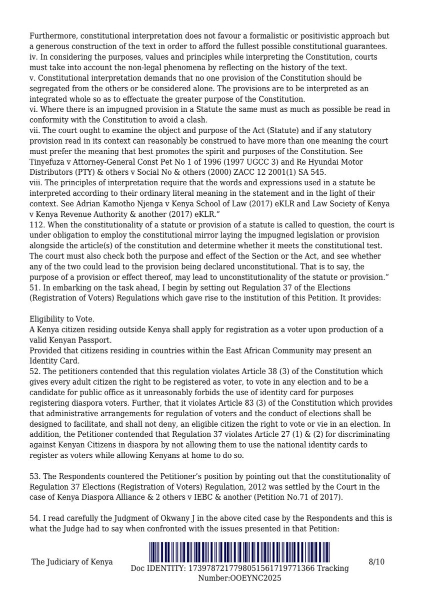 OkiyaOmtatah's tweet photo. The court has ruled on my petition, HCCHRPET/E004/2022, challenging the unconstitutionality of Regulation 37 of the Elections (Registration of Voters) Regulations, 2012.

While the court has upheld the regulation requiring diaspora Kenyans to register with a passport, I firmly believe this decision fails to uphold the equality guaranteed by our Constitution.
This regulation unjustly discriminates against our citizens abroad, limiting their fundamental right to participate in our democracy.

This ruling does not mark the end of our journey. I am resolute in my belief that every Kenyan, regardless of where they reside, shouls have an equal voice in shaping our nations future. I will be pursuing an appeal to ensure that the rights of our diaspora are respected and upheld.

The fight for justice and equality continues. We will not relent until all Kenyans are treated with the dignity they deserve.