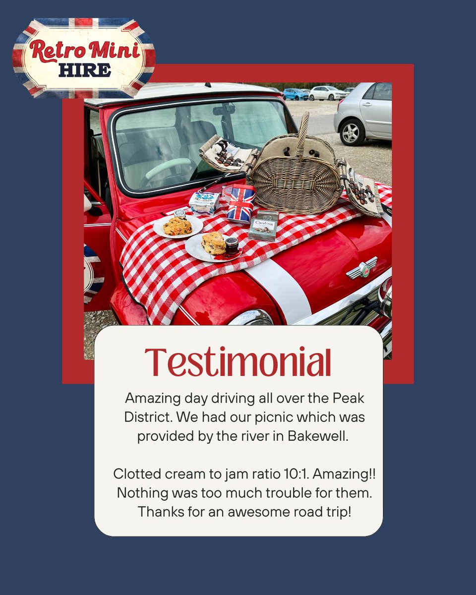 Five Star Friday!⭐⭐⭐⭐⭐
"Amazing day driving all over the Peak District. We had
our picnic which was provided by the river in
Bakewell. Clotted cream to jam ratio 10:1. Amazing!!
Nothing was too much trouble for them. Thanks for an
awesome road trip!"