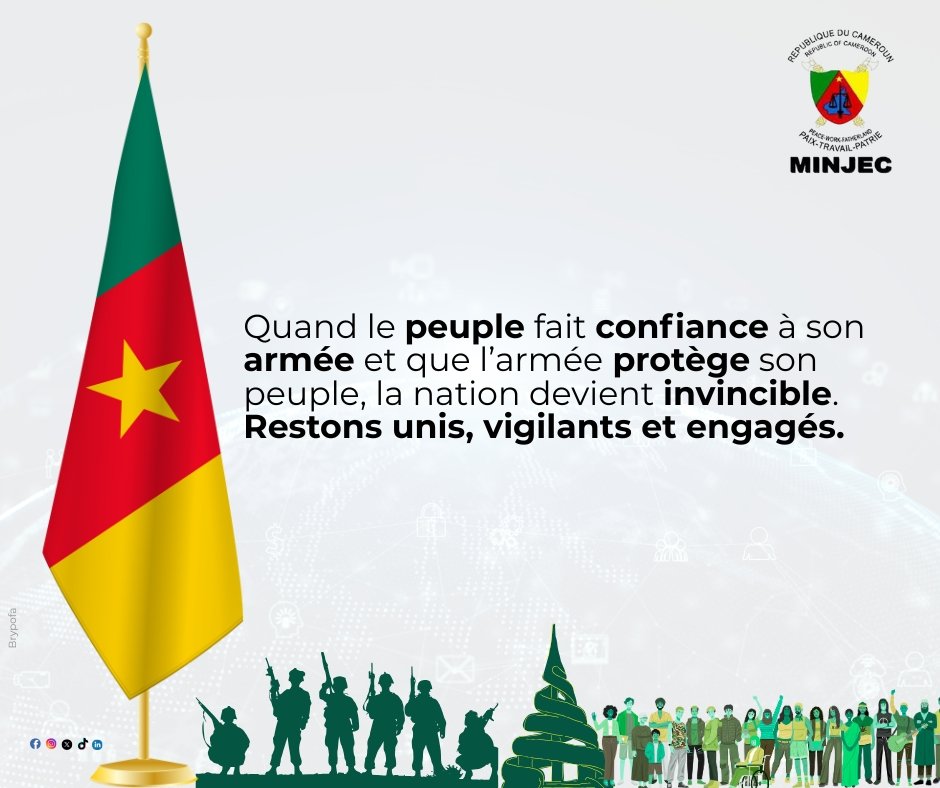 L'armée est au service du peuple et le peuple doit soutenir l'armée dans sa difficile mission. Cette symbiose est nécessaire 👌
       
#OneAndIndivisible
       #Cameroun #MinistèredelaJeunesseetdelEducationCivique237