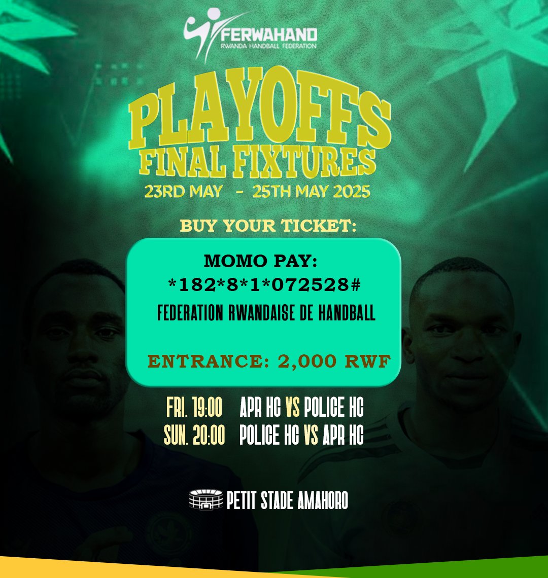 FerwahandRwanda's tweet photo. Just a few hours to go...
Are you ready for the clash of titans?
Are you ready for the #RwandaHandballDerby?
It's time for the playoffs, Game 1.
APR HC 🆚️ POLICE HC
⌚️: 19:00 (7 PM)
🏟: Petit Stade Amahoro https://t.co/RzgRCrxWGX