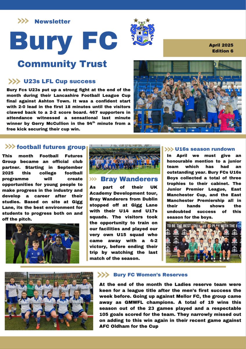 Buryfc_cotrust's tweet image. A late April run down of the successes different squads have had towards the end of the season ⚪️🔵

#buryfc | #partofit | #newsletter | #football