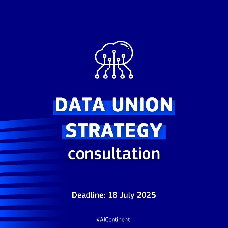 DigitalEU's tweet photo. Have your say on the 🇪🇺 Data Union Strategy!
 
Help shape the use of data in Europe by submitting your views on three aspects:
 
🔹the use of data in AI
🔹simplifying the rules that apply to data
🔹international data flows
 
Deadline: 18 July ↓