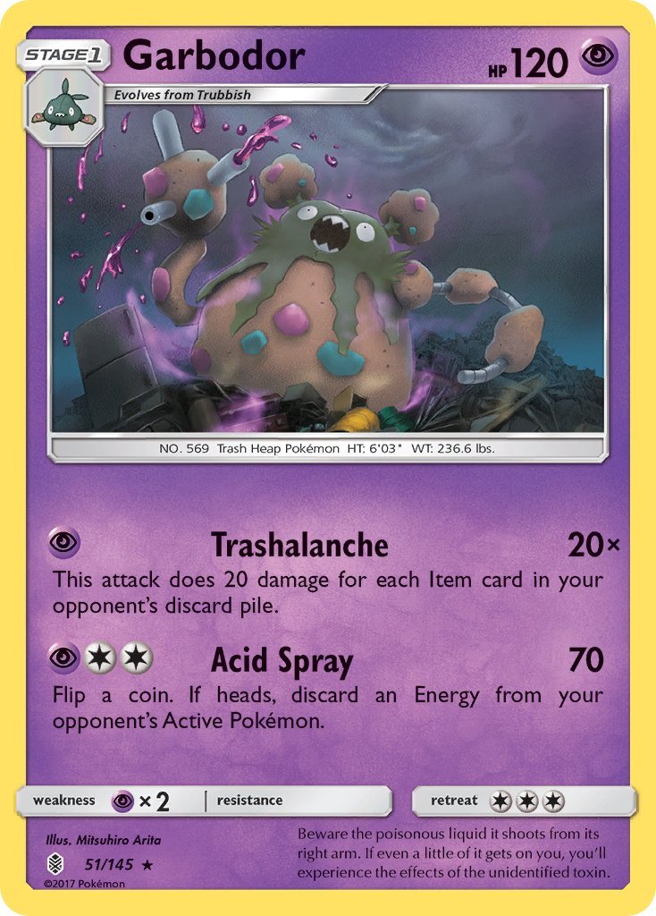 Trashalanche Garbodor got reprinted but at 30x damage instead of 20x. Considering the HP of basic 2-prize Pokemon has dramatically increased AND we lost Tools as counting toward the item count, I'd say 50x would've needed to be the multiplier.

This is not playable 😞