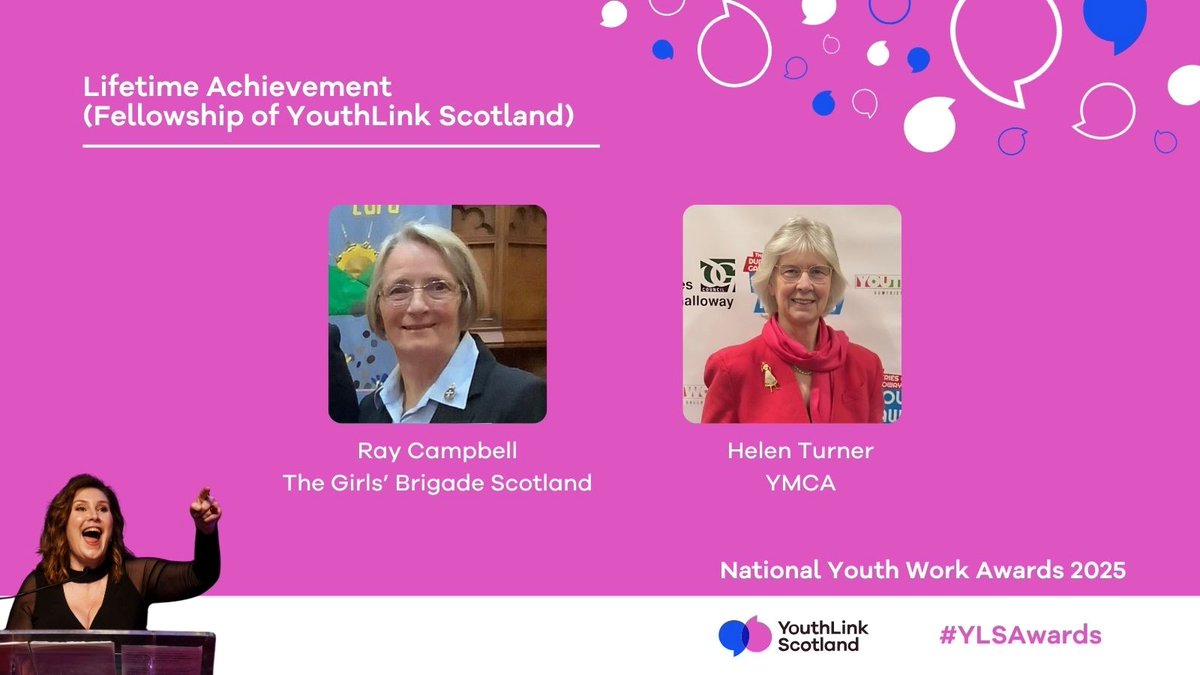 And finally, our Lifetime Achievement (Fellowship of Youthlink Scotland) finalists 💙 

✨ Ray Campbell, The Girls’ Brigade Scotland 
🌟 Helen Turner, YMCA

Find out more and book your place by 30th May 👉 bit.ly/4mstqFy