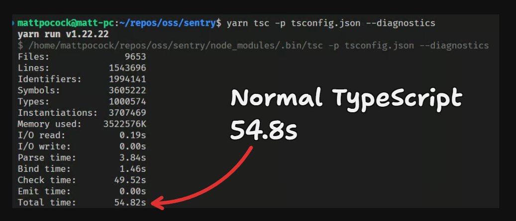 mattpocockuk's tweet photo. New tsgo compiler drops Sentry's typecheck time from 54.8s to 6.8s

This is a 1.5m LOC codebase

Time to start trying this out https://t.co/cbJsfEJ19P
