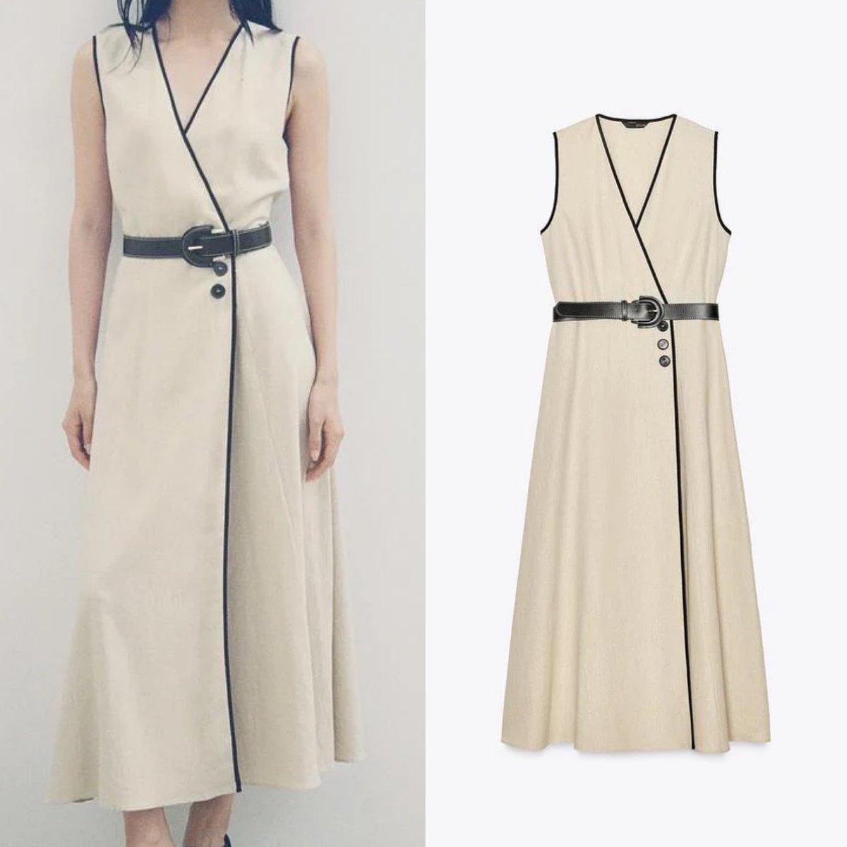 ZARA ??? リネンベルト付きミディ丈ワンピース リネン製のミディ丈 