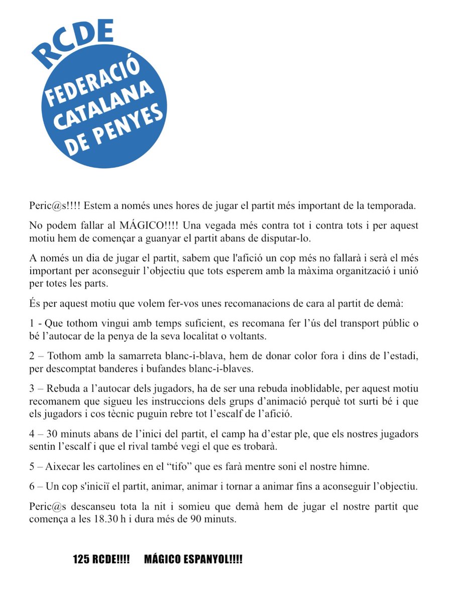 Peric@s, estem a menys de 24 hores pel partit més important de la temporada.
Us necessitem!
#RCDE #FCPE