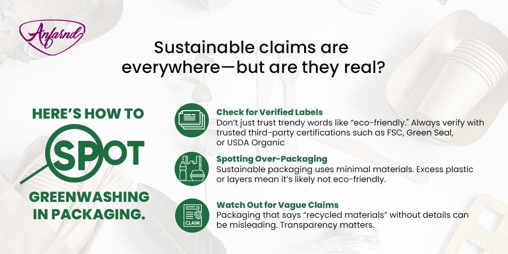 anfarndinfotech's tweet photo. Sustainable claims can mislead if not backed by evidence. Spot greenwashing by checking certifications, avoiding excess packaging, and questioning vague claims. For expert packaging consultancy solutions, reach out: https://t.co/XylGTqDPym https://t.co/8PvRlE5Wc1