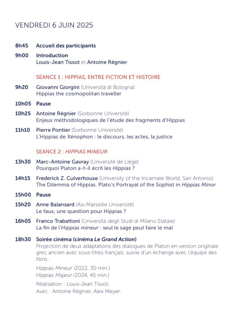 SorbonneAntique's tweet photo. Les 6 et 7 juin prochain se tient à la Sorbonne, un colloque sur le sophiste Hippias d’Élis. 

Pour l’occasion, le cinéma Le Grand Action projette les deux adaptions des dialogues de Platon (vostfr) réalisé par Louis-Jean Tissot :
Hippias Mineur et Hippias Majeur https://t.co/RV9vRbvtqA
