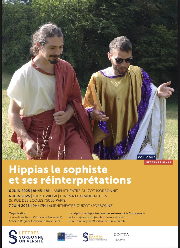 SorbonneAntique's tweet photo. Les 6 et 7 juin prochain se tient à la Sorbonne, un colloque sur le sophiste Hippias d’Élis. 

Pour l’occasion, le cinéma Le Grand Action projette les deux adaptions des dialogues de Platon (vostfr) réalisé par Louis-Jean Tissot :
Hippias Mineur et Hippias Majeur https://t.co/RV9vRbvtqA