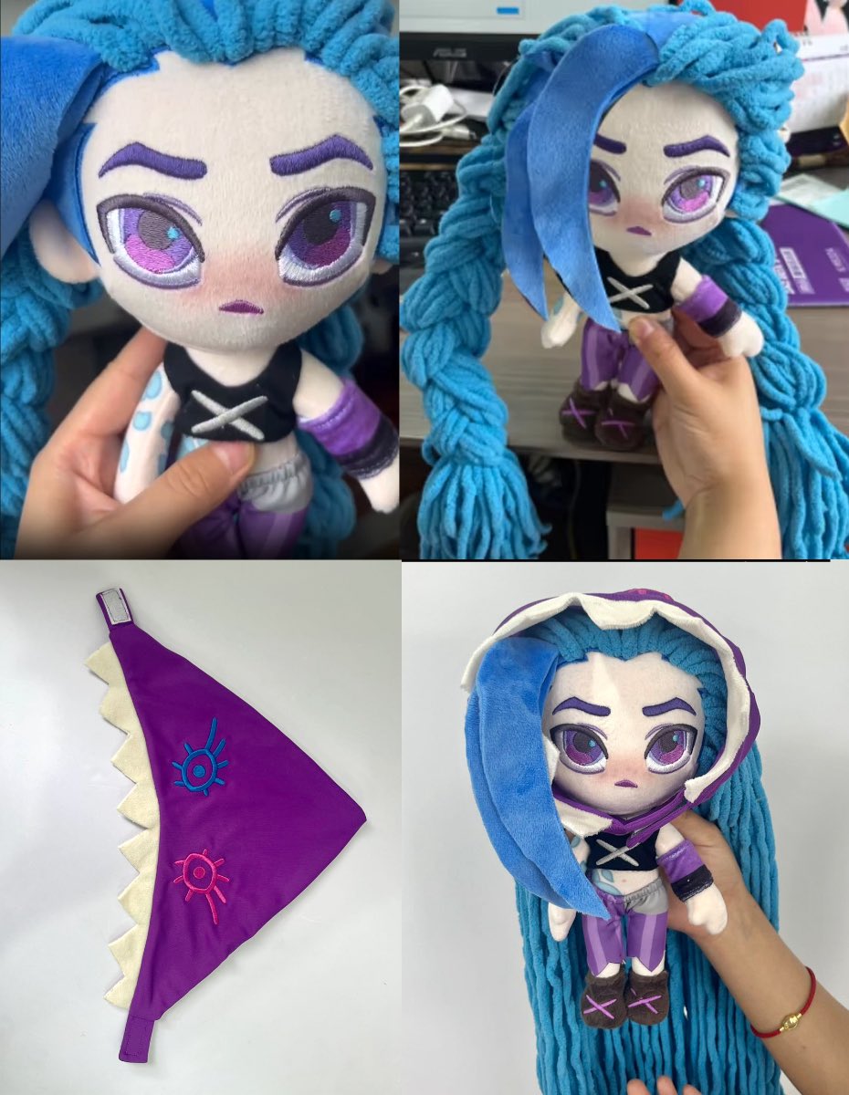 jinx plushie update💣 
- finally right hair colour (strands colour will be matched)
- added some sparkle and depth to eyes
- hood’s got a velcro now and sits nicely on her :3
- eyebrow colour to fix
- new pants/top/wristband to do
we’re getting there!!