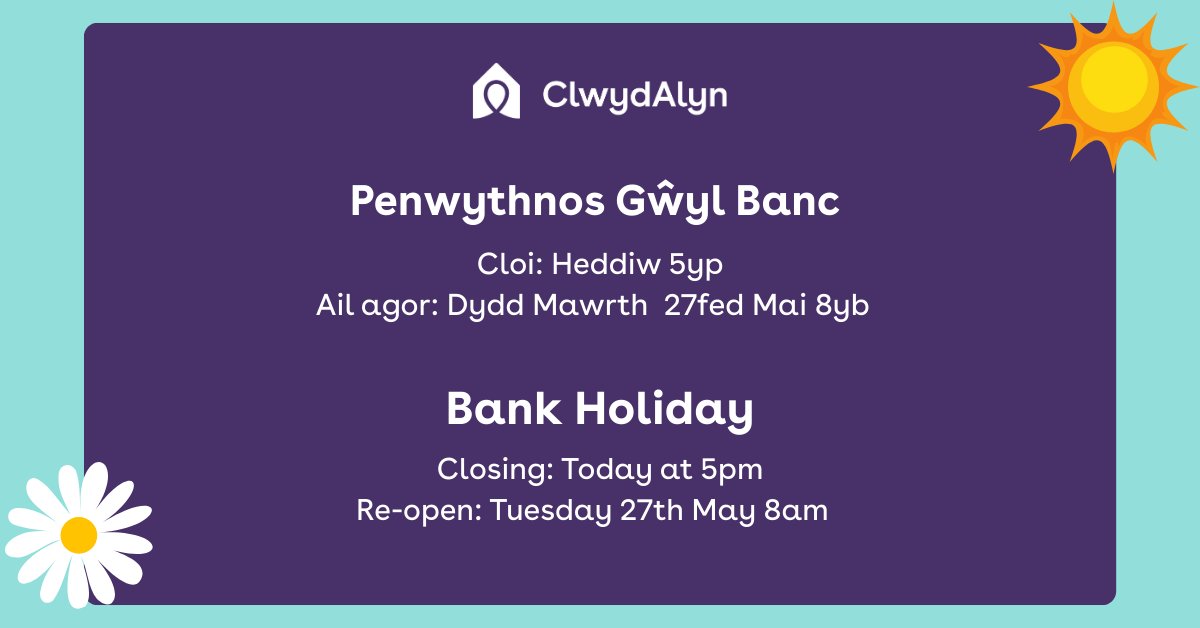 ClwydAlyn (@clwydalyn) on Twitter photo Bydd ein Canolfan Gyswllt ar gau ac ni fydd ein cyfrifon cyfryngau cymdeithasol yn cael eu monitro ar ôl 5pm heddiw.
Bydd Galw Gofal, ein darparwr tu allan i oriau. Anfonwch e-bost i: help@clwydalyn.co.uk neu ewch draw in gwefan: clwydalyn.co.uk Bydd ein Canolfan Gyswllt ar gau ac ni fydd ein cyfrifon cyfryngau cymdeithasol yn cael eu monitro ar ôl 5pm heddiw.
Bydd Galw Gofal, ein darparwr tu allan i oriau. Anfonwch e-bost i: help@clwydalyn.co.uk neu ewch draw in gwefan: clwydalyn.co.uk