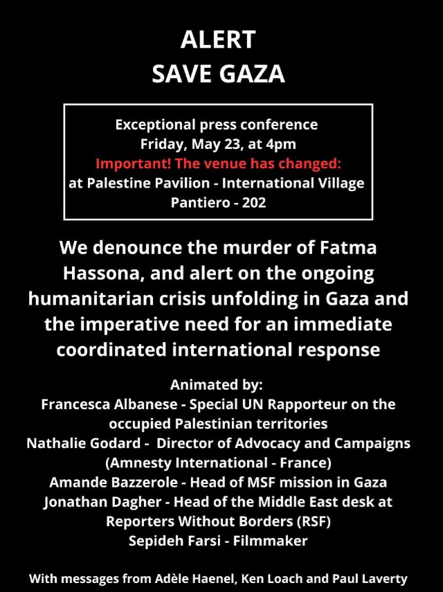 FranceskAlbs's tweet photo. Today's press conference on the killing of Fatem Hassona will proceed at a new location—International Village Pantiero. 
The original venue at @BarriereCannes (Hotel Majestic) became unavailable as of last night. https://t.co/nTZGvLMsQx