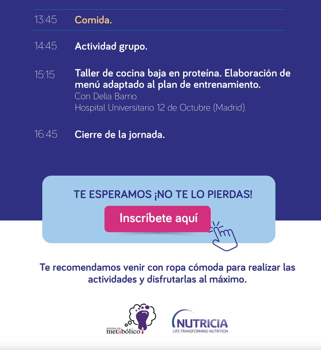🗓️ El 31 de mayo ofrecemos una Jornada para pacientes con Enfermedades Congénitas del Metabolismo y sus familias. 👩‍⚕️ Desde las 10 a las 17 horas hablaremos de Nutrición y Ejercicio como activadores de la salud, con <a href="/Metabolicos_es/">Metabolicos.es</a>.
👉 Regístrate gratis: survey123.arcgis.com/share/abd0baf1…